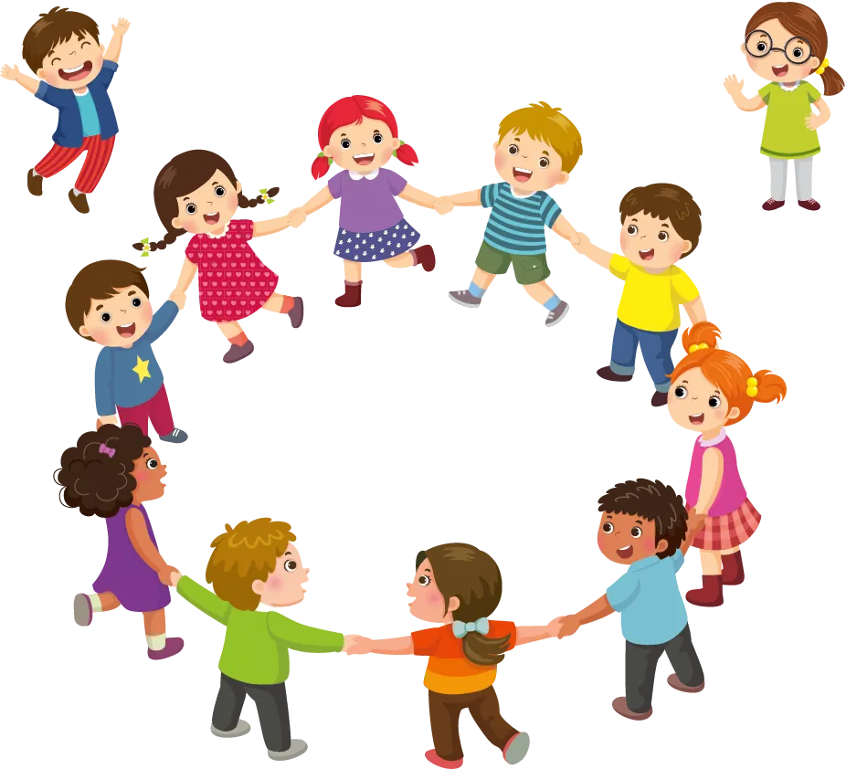 Illustration : enfants forment cercle, main dans la main, jouant ensemble.