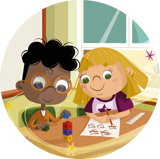 Illustration : deux enfants jouent ensemble. Un enfant noir construit une tour avec des blocs, tandis qu'une fillette blonde dessine.