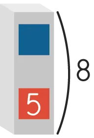 Illustration graphique : deux blocs empilés (bleu, rouge avec le chiffre 5), un 8 et une parenthèse.
