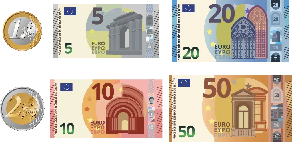 Illustration billets et pièces 1, 2, 5, 10, 20 et 50 euros. Design moderne.