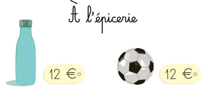 Illustration : gourde et ballon de foot à 12€ chacun à l'épicerie