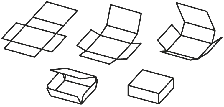 Illustration de modèles de boîtes pliantes sous différents angles : ouverte, fermée, pliée. Design simple, lignes noires.