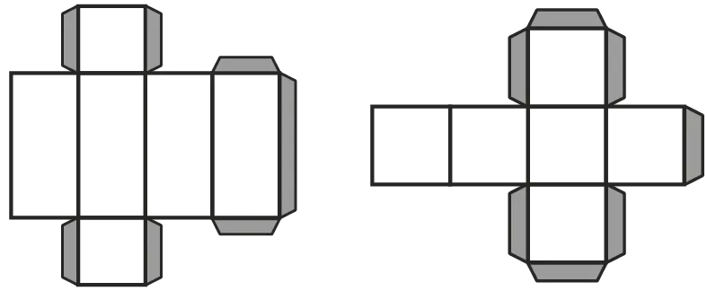 Diagramme: deux patrons différents pour construire un cube. Lignes noires épaisses, volets gris. Géométrie, patrons, cube.