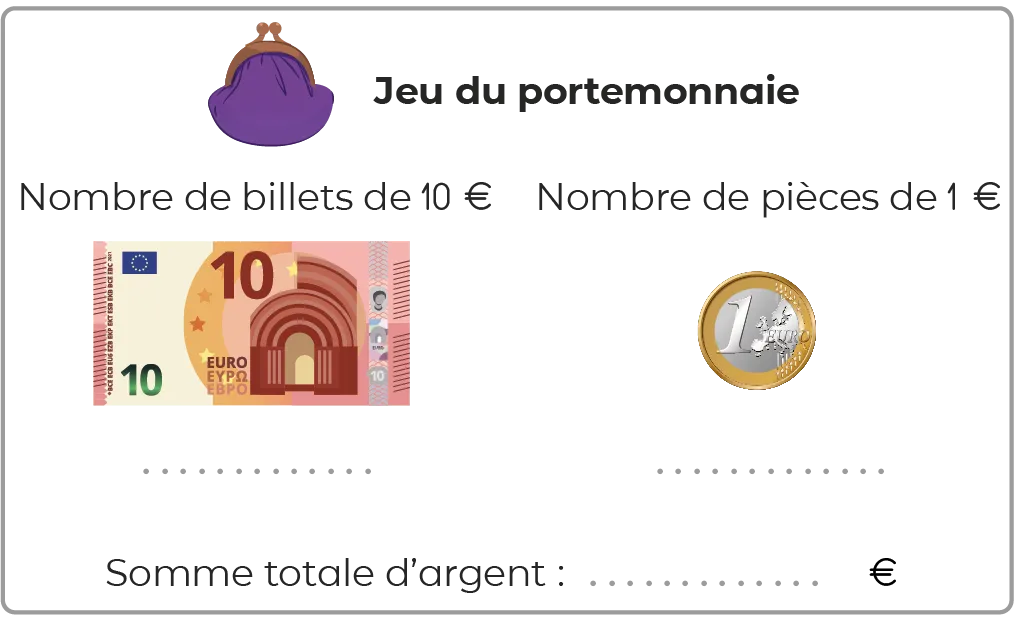 Illustration : jeu éducatif calcul d'argent.  Billets de 10 € et pièces de 1 €. Somme à calculer.