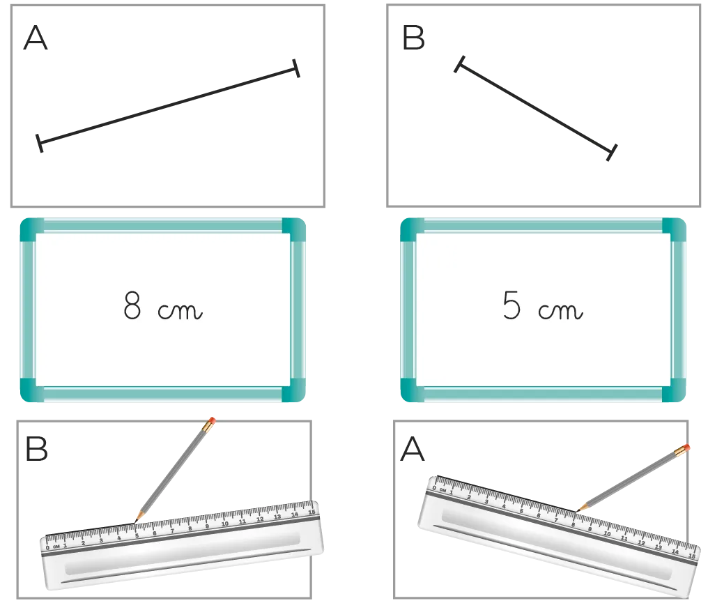 Illustration : mesure de segments de 8cm et 5cm à la règle.