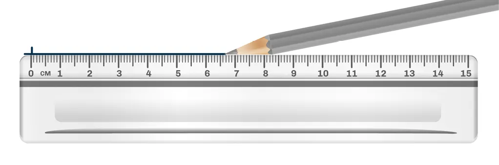 Illustration : règle graduée en cm, crayon gris posé dessus pour mesurer.
