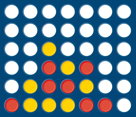Illustration : jeu de Puissance 4 en cours. Pions rouges et jaunes sur fond bleu.