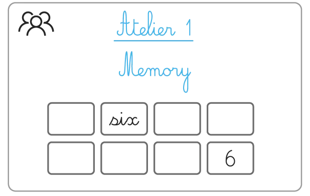 Image numérique : jeu de mémoire, Atelier 1 Memory, grille avec cases à compléter, nombres et mots.
