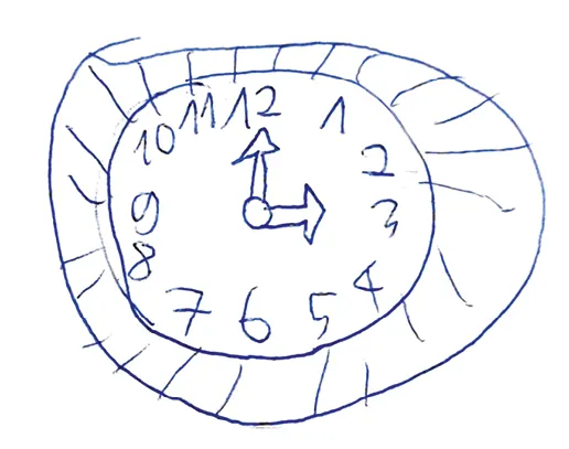 Dessin enfantin : horloge analogique simple, aiguilles dessinées sommairement.