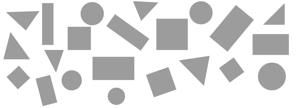 Image abstraite : formes géométriques grises (carrés, triangles, cercles) dispersées sur fond blanc.