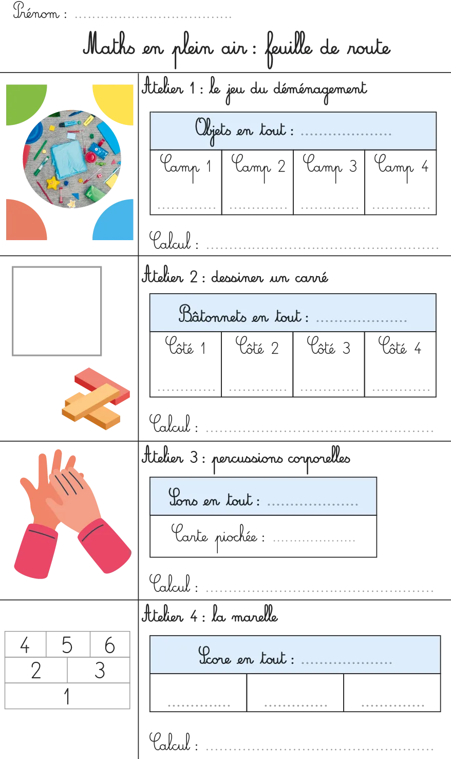 Feuille de route d'activités mathématiques pour enfants en extérieur : jeu de déménagement, dessin de carré, percussions corporelles et marelle.