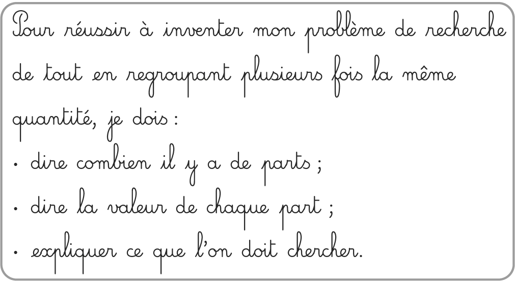 Tableau vert : conseils pour créer un problème de recherche mathématique par regroupement de quantités.