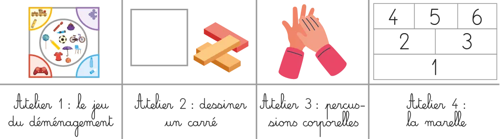 Illustration : 4 ateliers d'activités pour enfants : jeu, dessin, percussion et marelle.