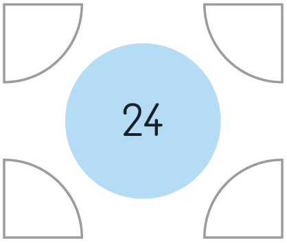 Graphique : cercle bleu pâle avec le chiffre 24, sur fond vert foncé et coins arrondis gris.