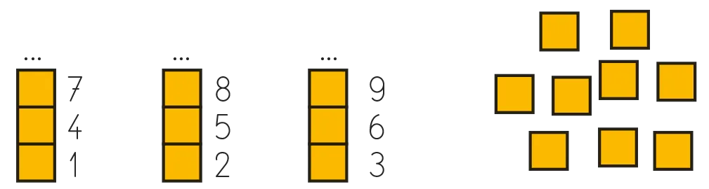 Illustration: Décomposition des nombres 7, 8 et 9 en unités.  Carrés jaunes.