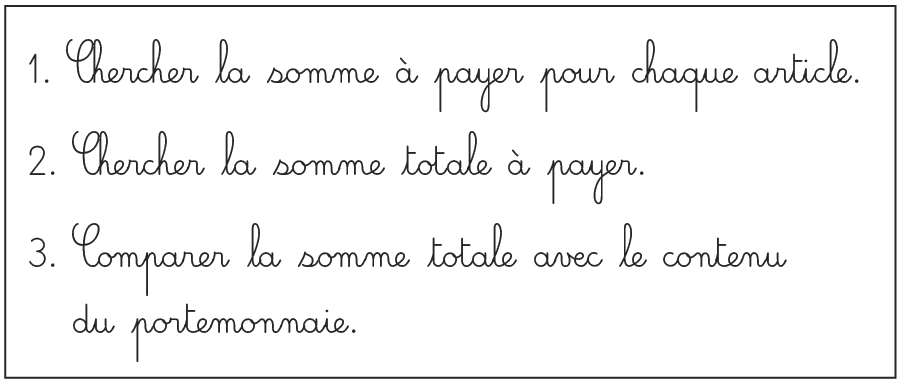 Image : texte écrit expliquant comment calculer le prix total des achats et le comparer à l'argent disponible.