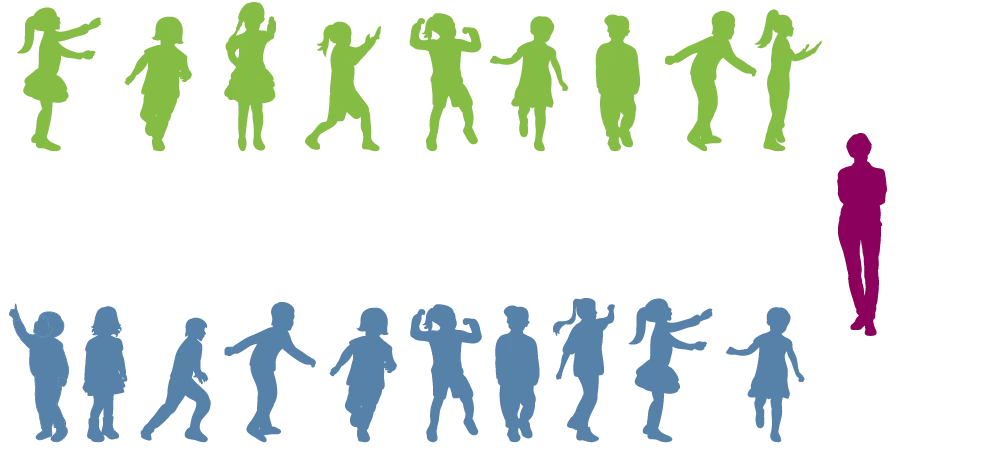 Illustration : silhouettes colorées d'enfants jouant, adulte observateur.