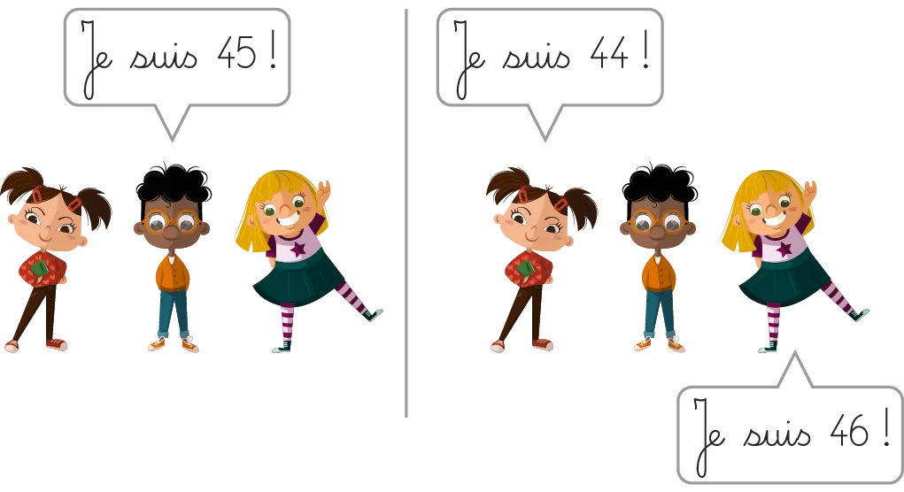 Illustration : trois enfants annoncent leur âge (45, 44, 46) de façon humoristique.