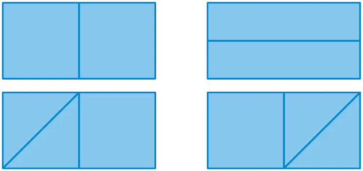 Diagramme : division d'un carré en deux, quatre parties ou en diagonale.