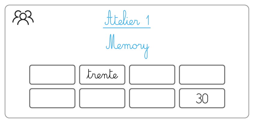 Image numérique : jeu de mémoire pour atelier 1, affichant le nombre 30 écrit en lettres et en chiffres.