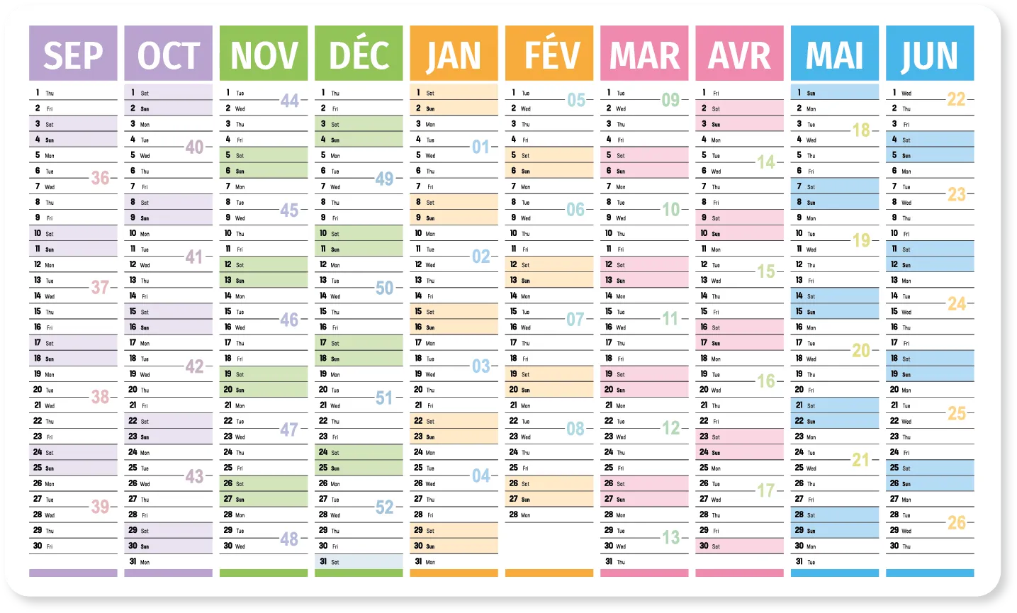 Calendrier annuel septembre à juin, couleurs pastel. Chaque mois est sur une double page.