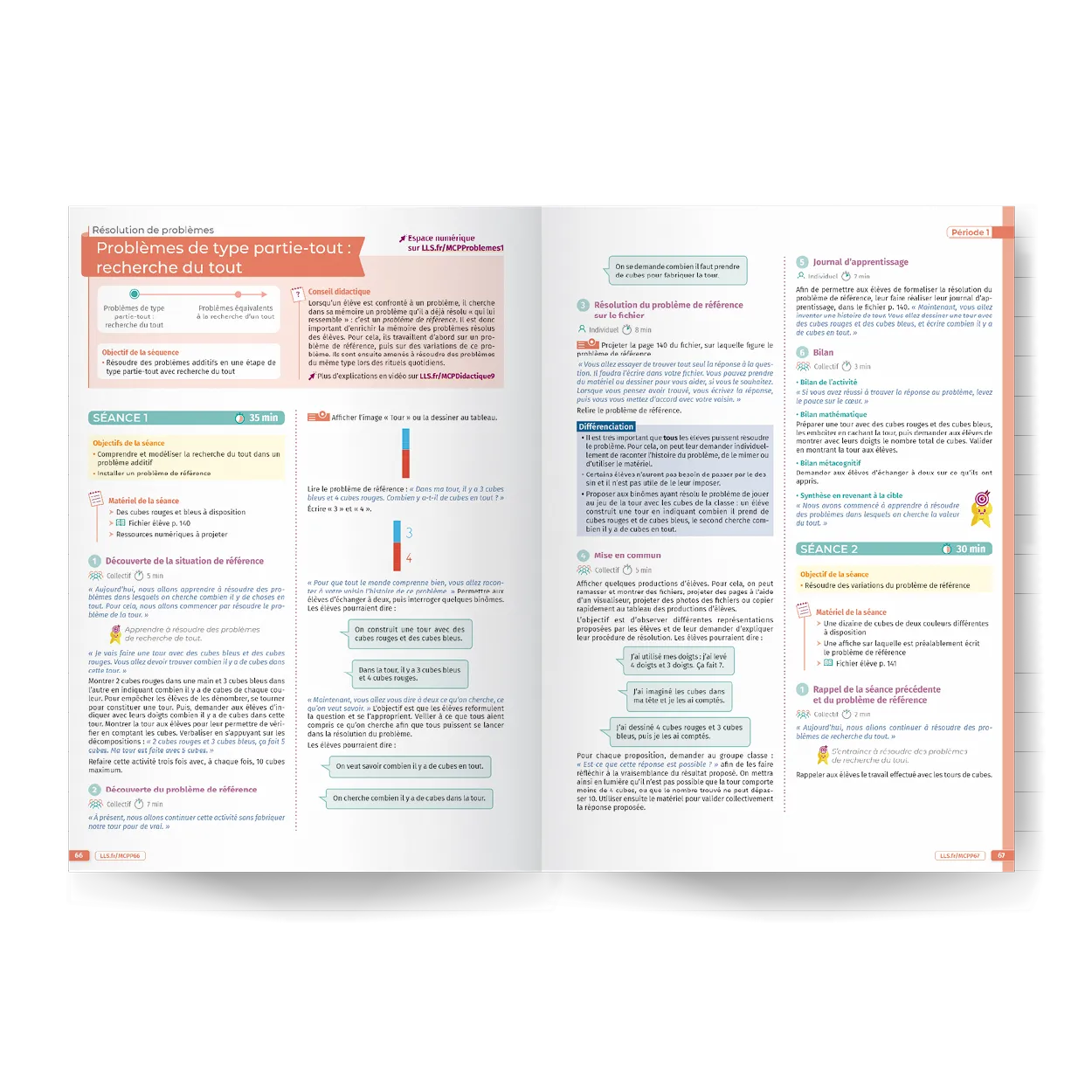 Page de manuel scolaire : résolution de problèmes de type partie-tout avec des cubes rouges et bleus.
