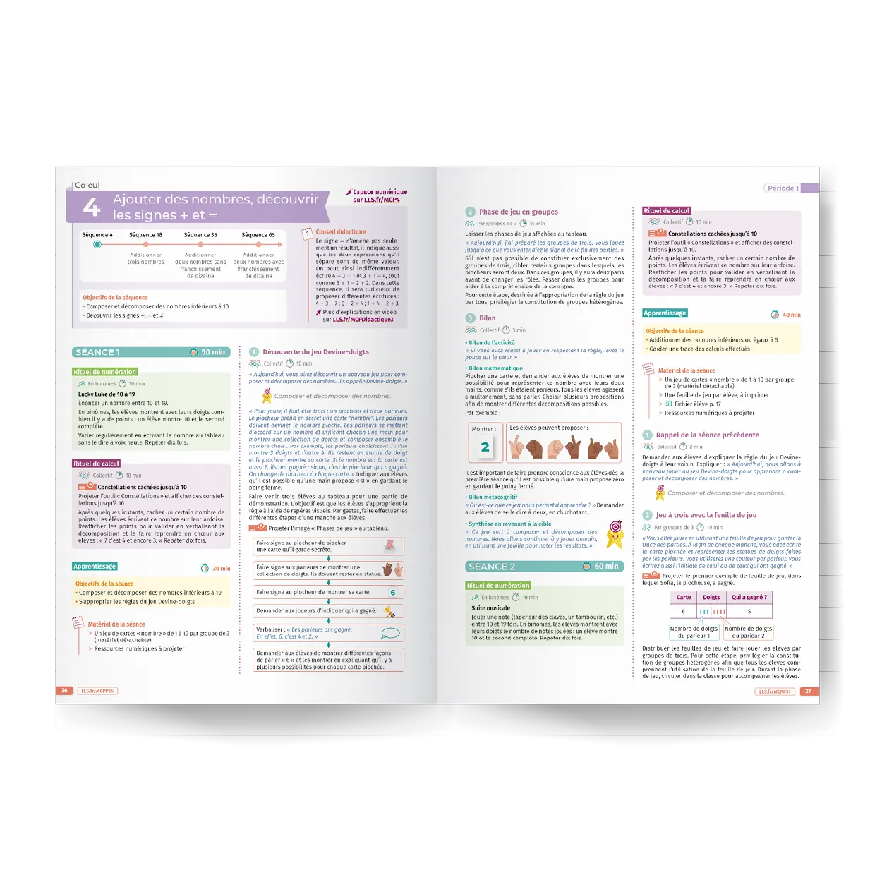Document pédagogique : additionner des nombres, découvrir les signes + et =. Jeu : Devine-doigts pour apprendre à composer et décomposer des nombres.