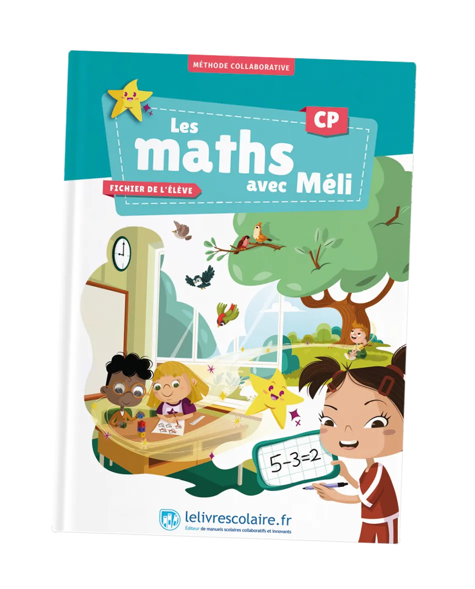 Illustration : couverture du fichier élève CP « Les maths avec Méli ». Enfants en classe faisant des maths, oiseaux et étoile.
