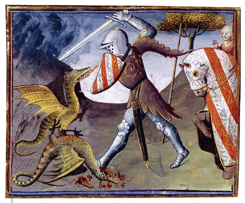 Lancelot combattant les dragons du Val sans retour, miniature, vers 1404-1460.