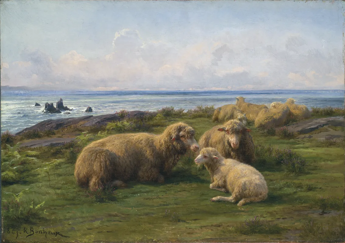 Peinture: moutons reposant près de la mer, sous un ciel ensoleillé.