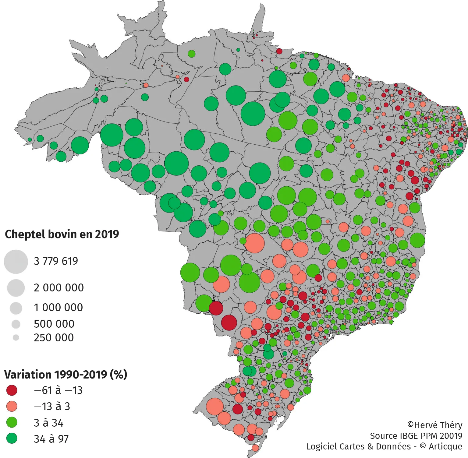 Évolution de l'élevage de boeufs au Brésil entre 1990 et 2019, et photographie d'une exploitation bovine en
Amazonie