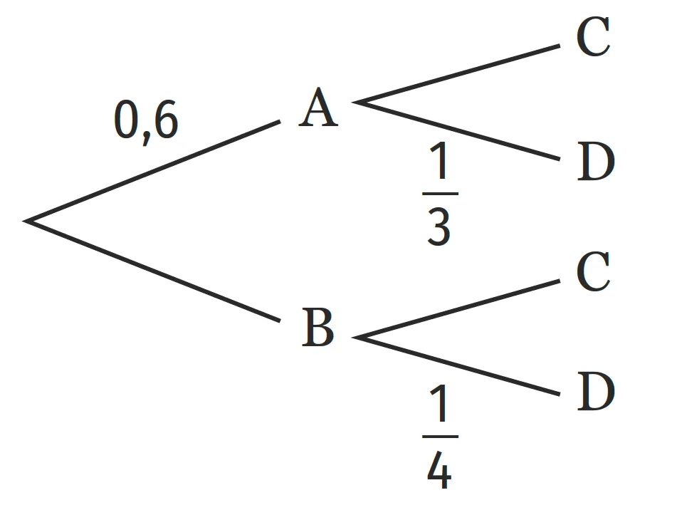 Diagramme en arbre montrant des probabilités : 0,6 pour A, 1/3 pour C depuis A, 1/4 pour C depuis B.