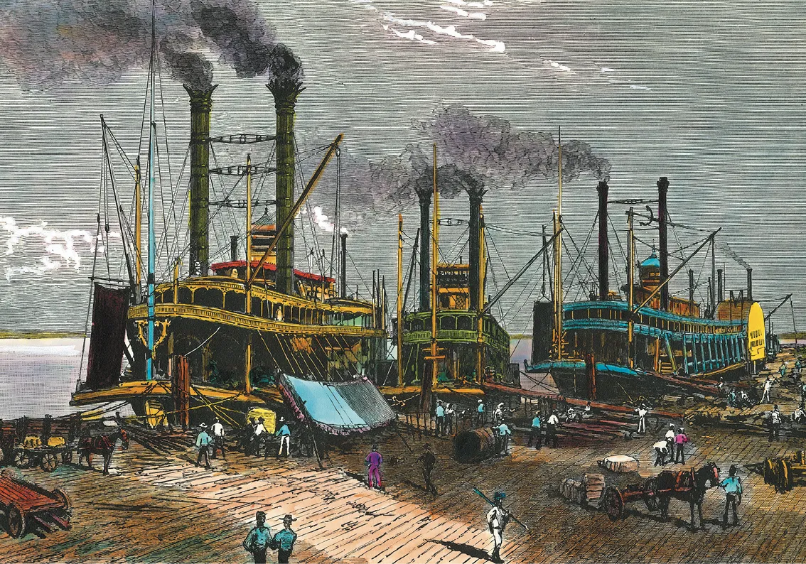 Anonyme, Chargement de coton sur les bateaux à vapeur sur 
    le Mississippi, XIXe siècle, gravure, collection privée.