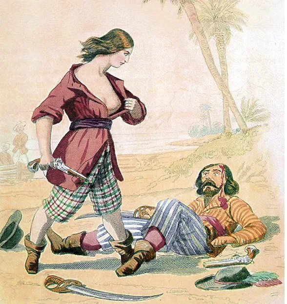 Alexandre Debelle, Mary Read dévoile sa féminité à un opposant vaincu, gravure, 1846.