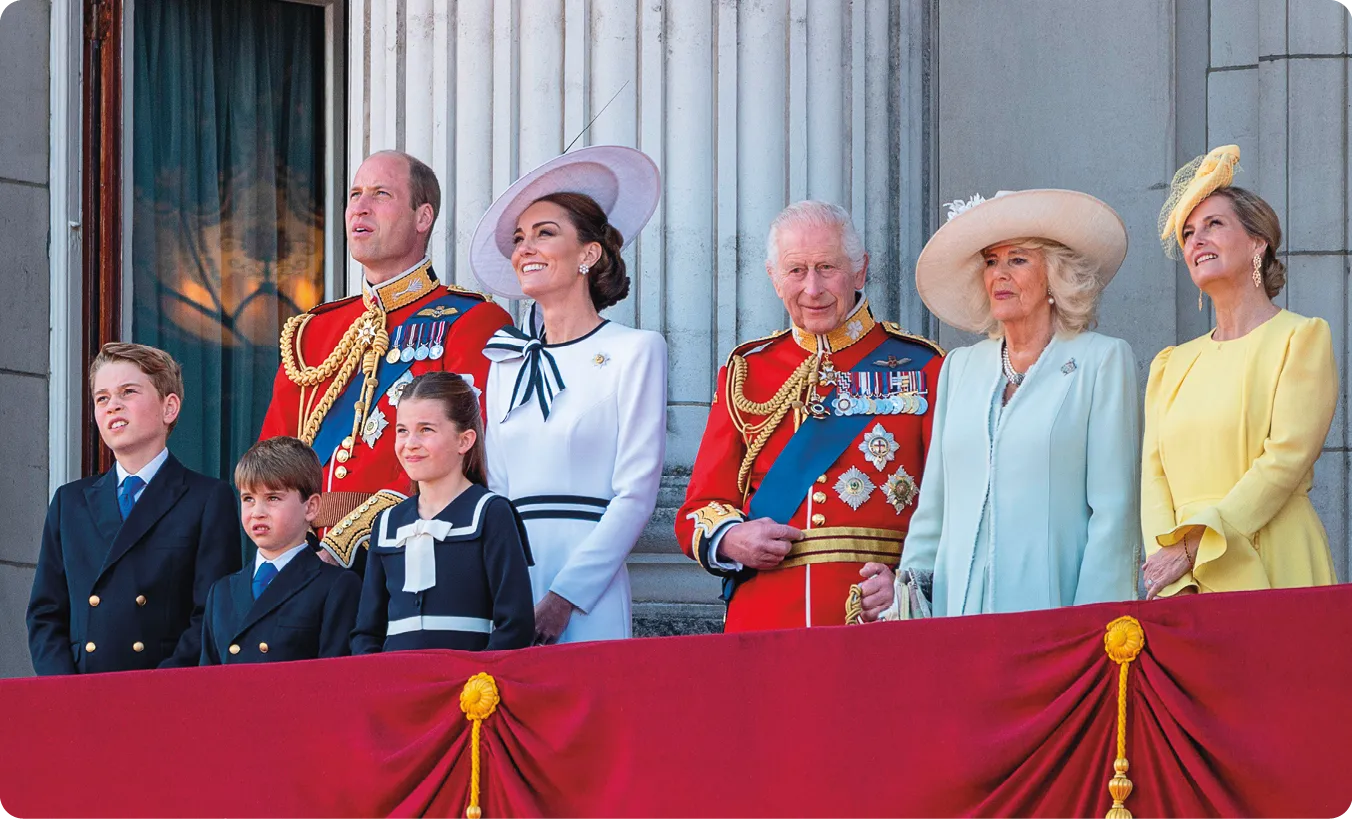 The royal family on the balcony of Buckingham Palace, 2024.