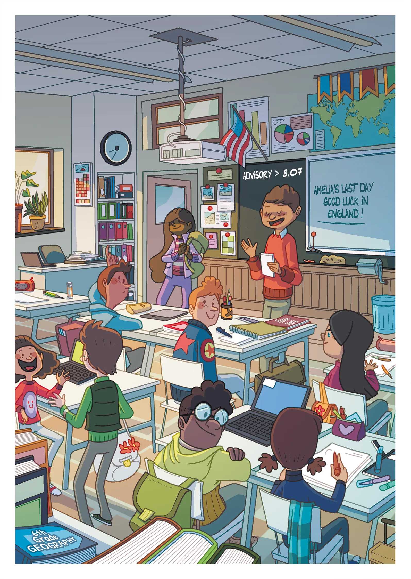 Une salle de classe avec différents objets numérotés.