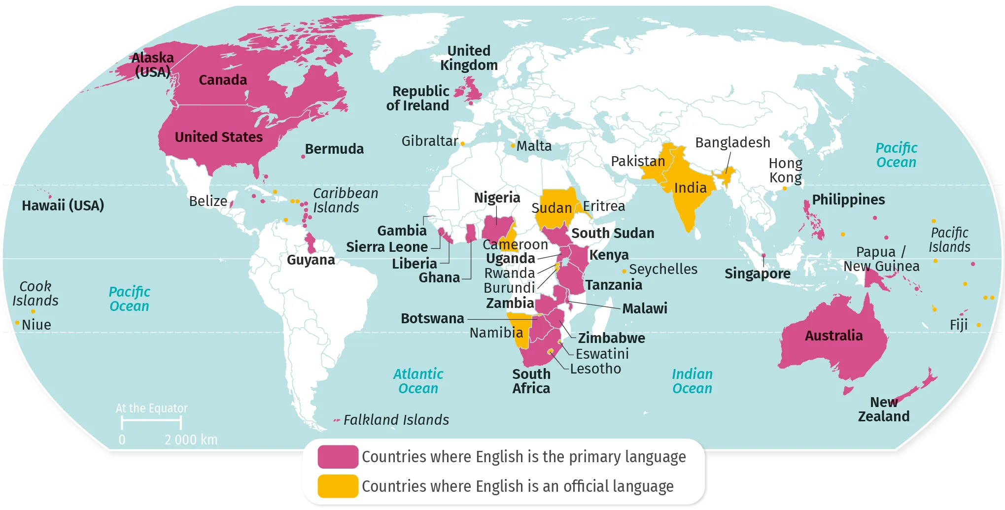 Carte du monde indiquant les pays où l'anglais est la langue principale et les pays où l'anglais est une langue officielle.