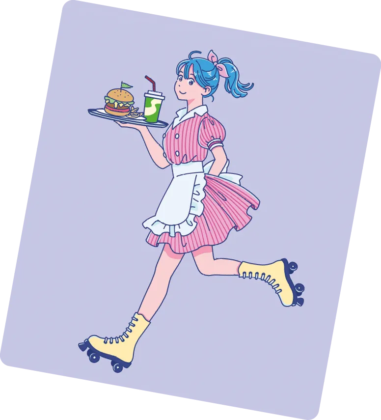Une serveuse en patins à roulettes portant un plateau avec un hamburger et une boisson.