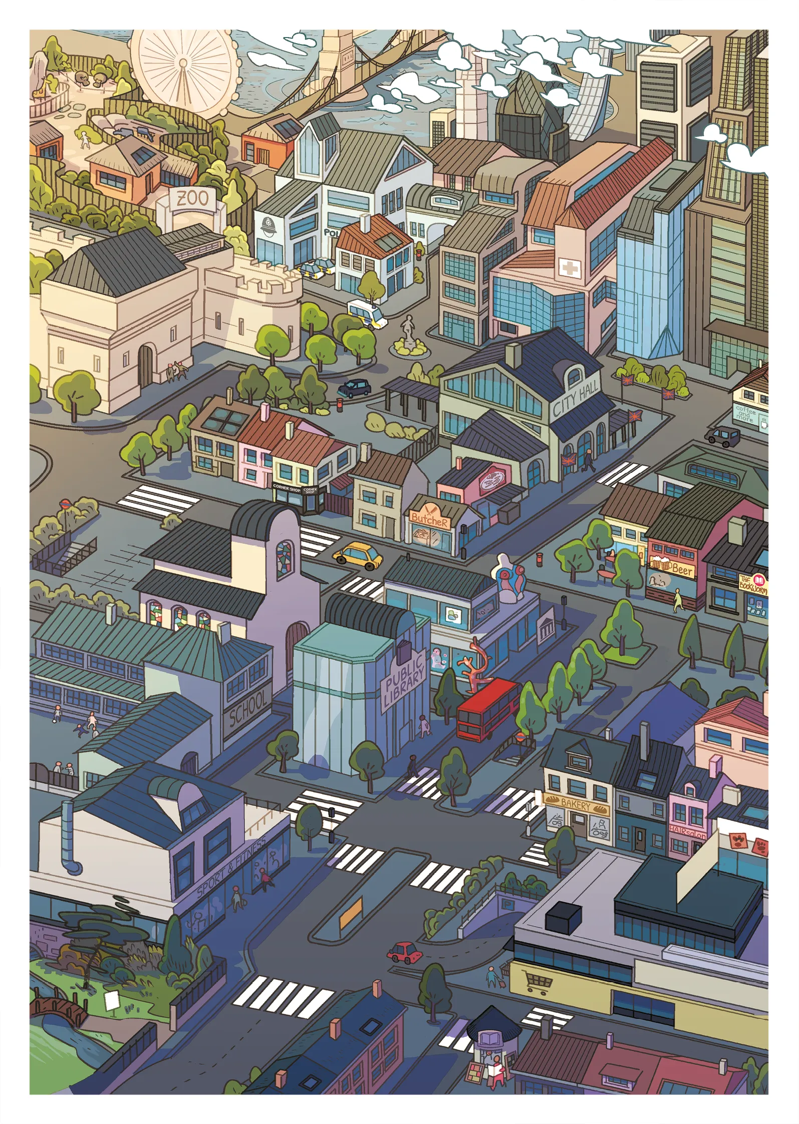 Une image d'une ville avec différents endroits numérotés.