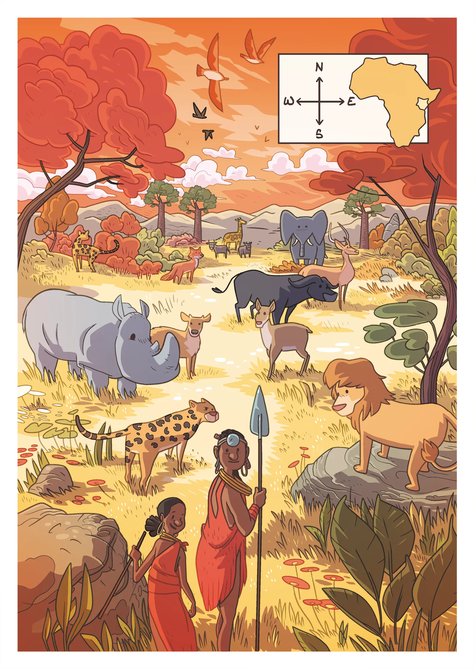 Une image de la savane avec différents animaux et des éléments de la nature numérotés.