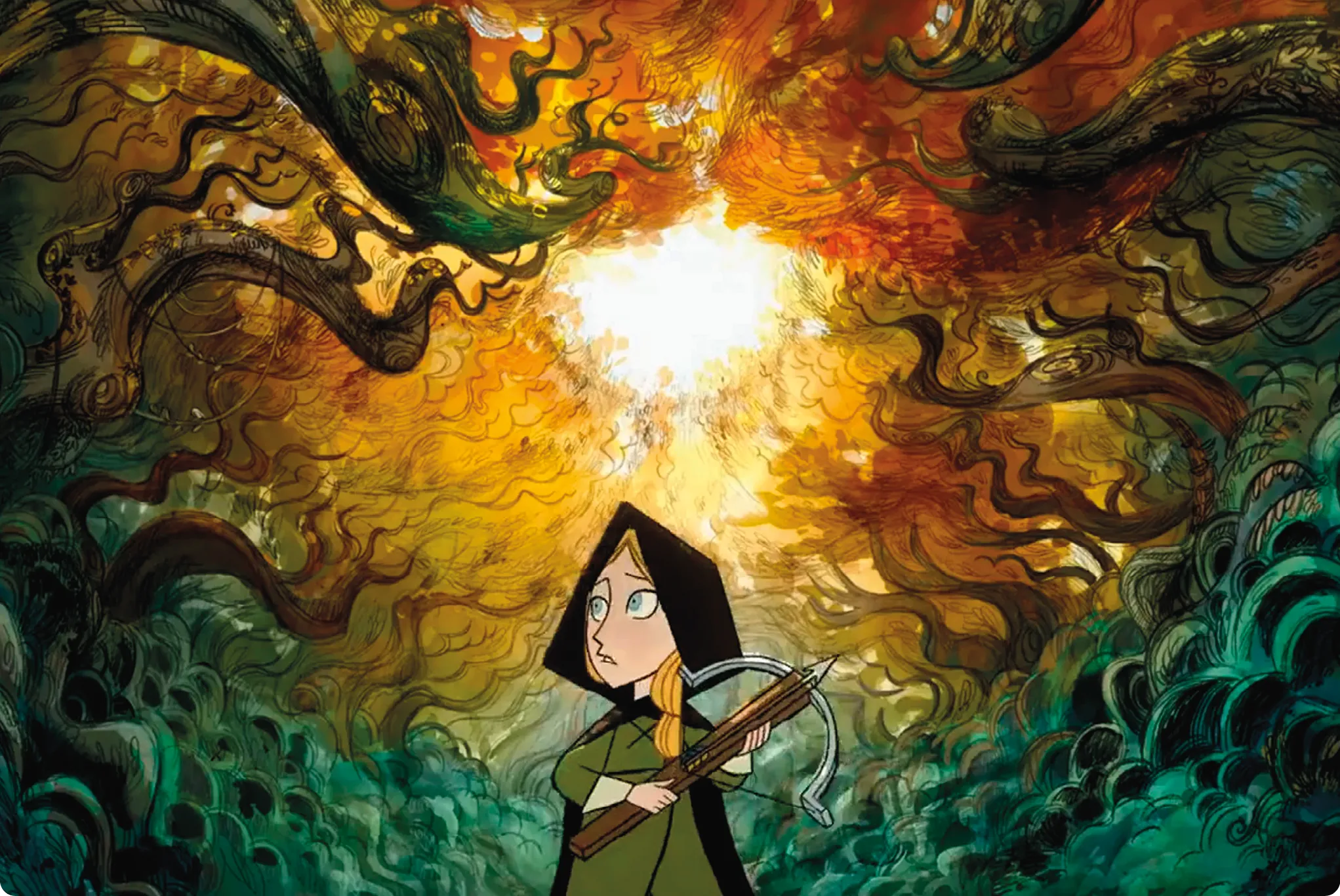 Illustration d'une jeune fille avec une arbalète dans une forêt mystique