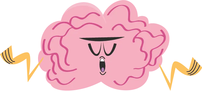 Un cerveau rose de dessin animé, les bras écartés et avec une expression de désespoir.