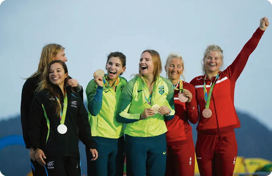 Rio de Janeiro Brazil 08.18.2016: Sail skiff 49erFX podium at Rio 2016 Olympic Games