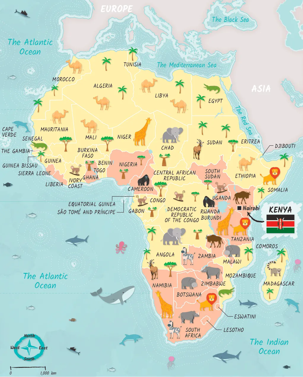 Carte de l'Afrique avec des animaux et des paysages