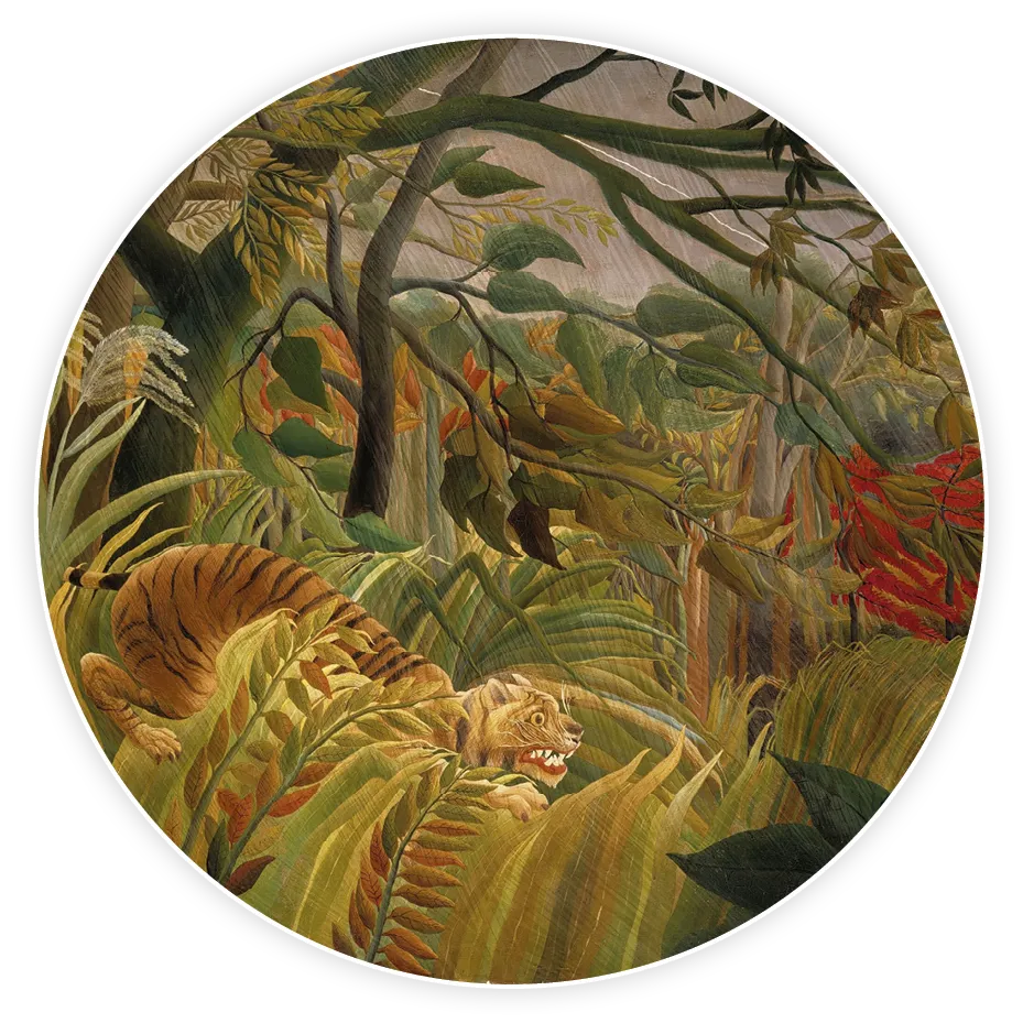 Henri Rousseau, Sarpris! ou Tigre doos are bempite tropicale, huile sur toile, 1891, National Gallery, Londres.