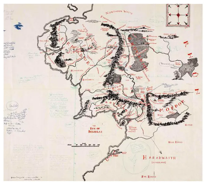Carte imprimée de la Terre du Milieu, annotée par J. R. R. Tolkien et Pauline Baynes, 1969.