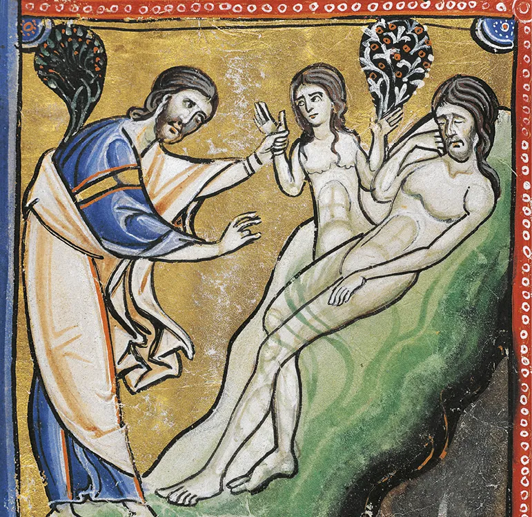 Le Création d'ève à partir de la côte d'Adam, XII siècle, enluminure de la Bible de Souvigny, mediatheque de Moulins.