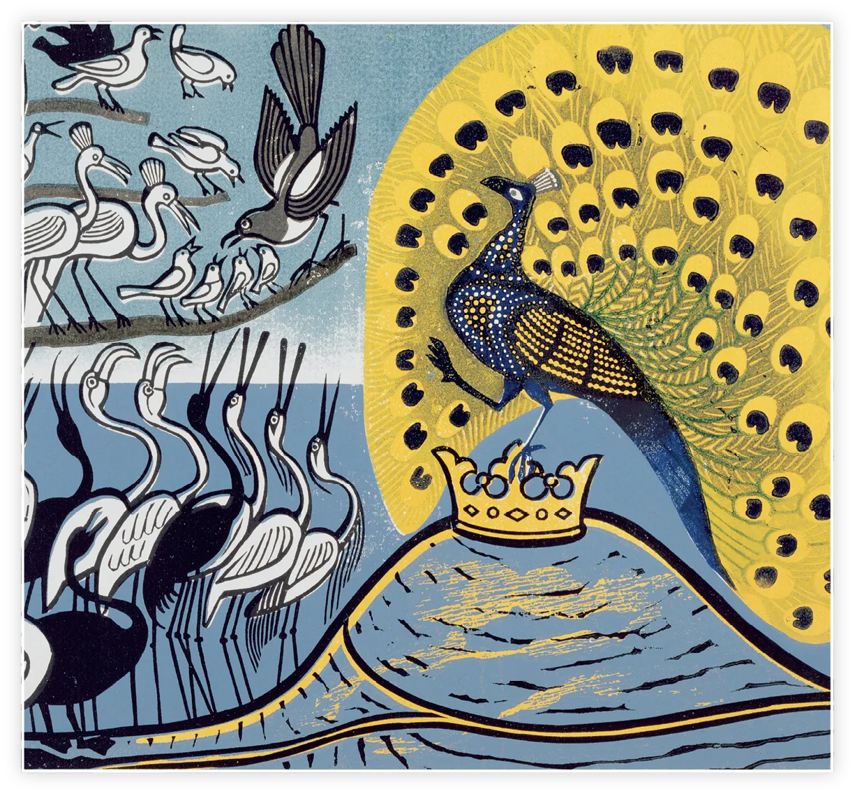 Edward Bawden, Le Paon et la Pie, XXe siècle, linogravure, Fry Art Gallery, Grande Bretagne. Copyright à mettre : © Estate of Edward Bawden