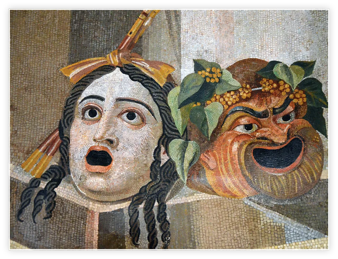 Mosaïque représentant des masques de scène pour la tragédie et la comédie