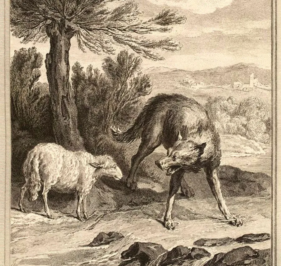 Illustration de Claude Olivier Gallimard pour « Le Loup et l'Agneau », gravure, 1755-1759.